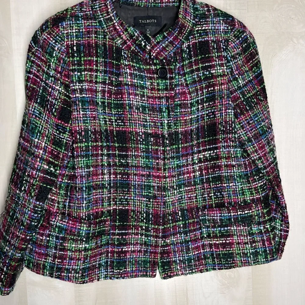 Talbots black‎ and multi color tweed blazer 3 button, size 8